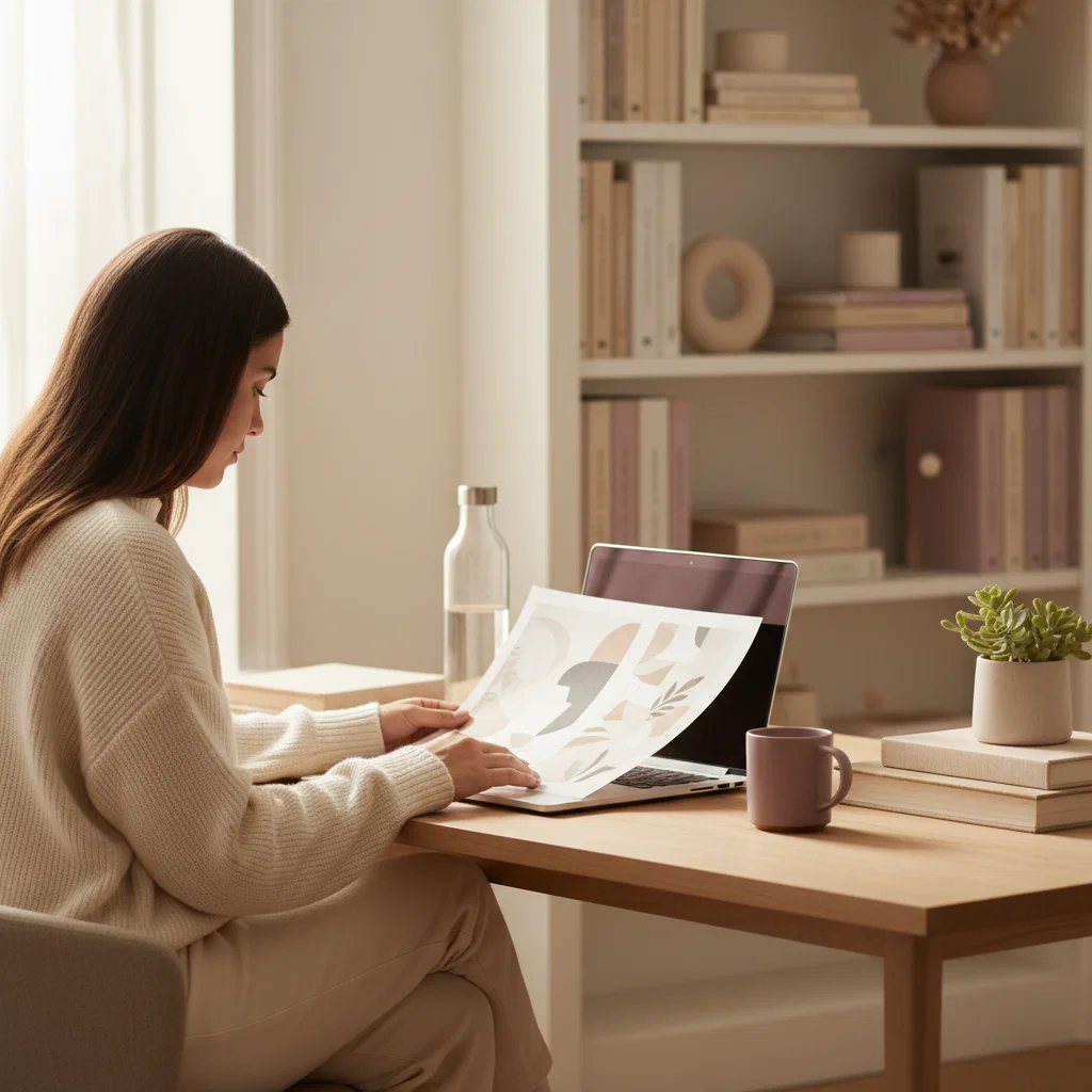 Editorial team member reviewing supplement documentation at a desk