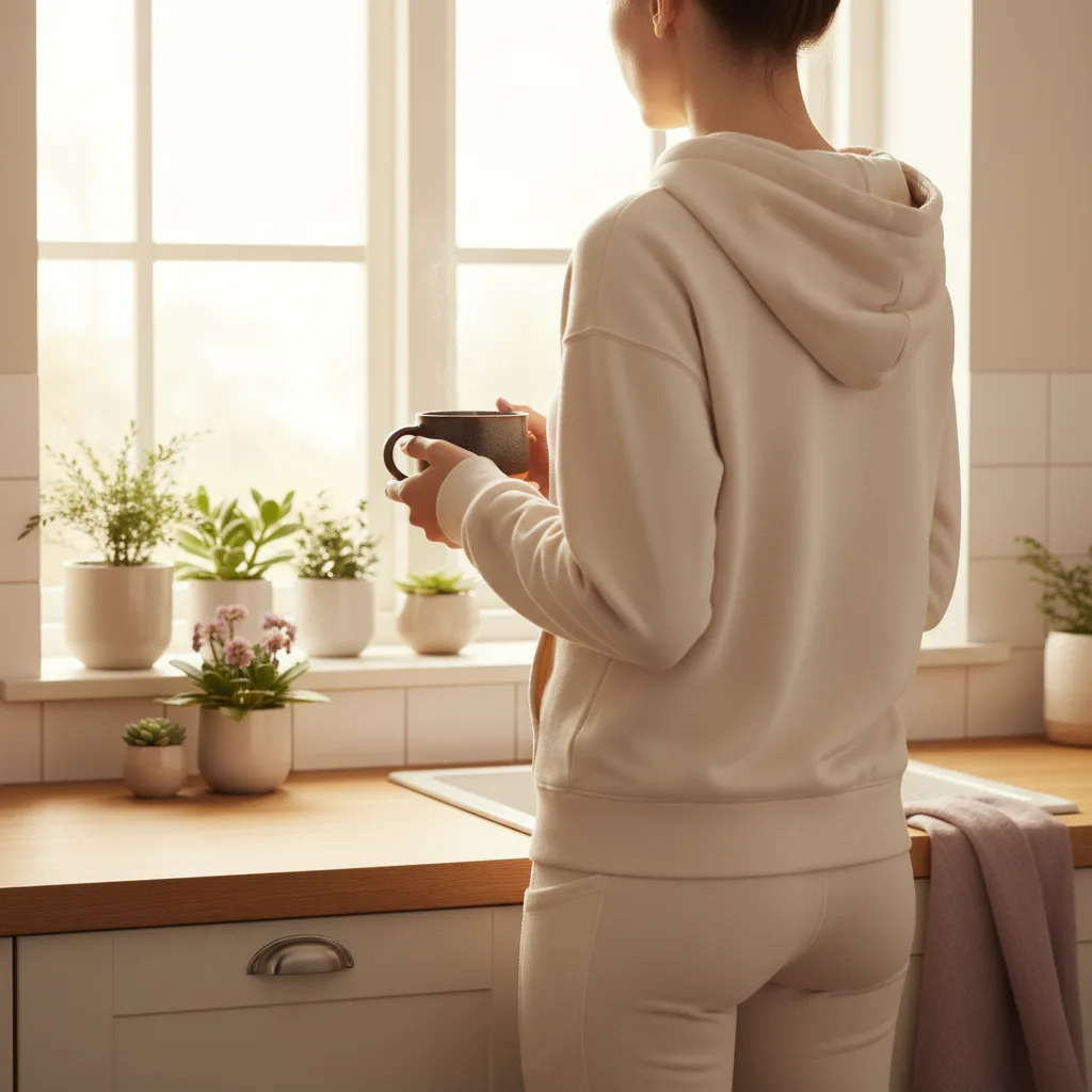 Morning wellness routine with a warm coffee supplement drink by a bright kitchen window