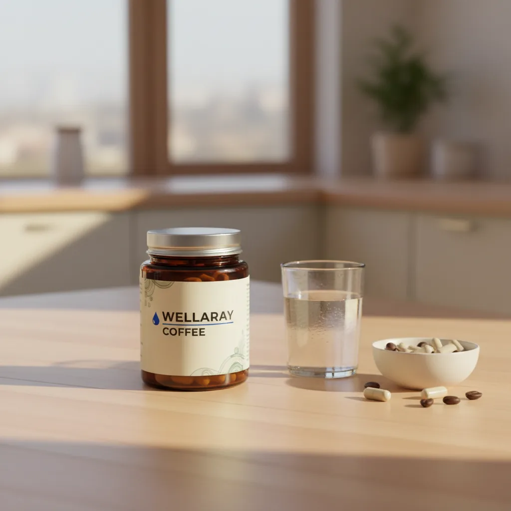 Wellaray Coffee sachet opened beside a clear glass mug - morning product-in-context